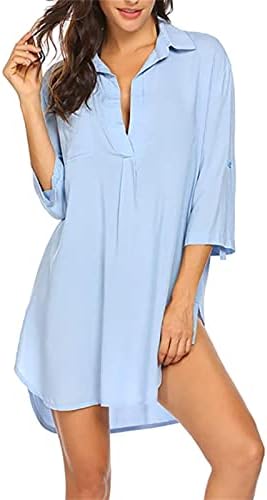 Ženska gumb dolje košulja haljina duboki v vrat 3/4 rukava od solidne boje haljina labava majica tunika kratka haljina s džepovima
