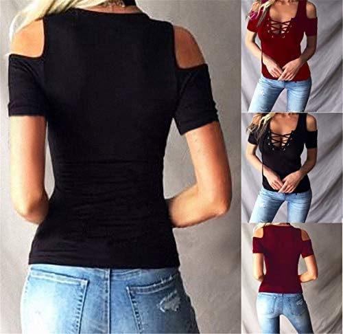 Žene Andongnywell seksi od čipke u obliku ramena majica s kratkim rukavima v vratna bluza prednja majica tunice