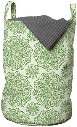 Mjesečeva zelena torba za rublje u orijentalnom stilu, Južni apstraktni radijalni kružni cvjetni motiv, pletena košara za rublje s