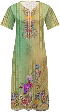 HXOBAX Womens casual cvjetni print maxi haljina kratka rukava v vrat duge haljine Elegantna haljina za odmor s džepovima