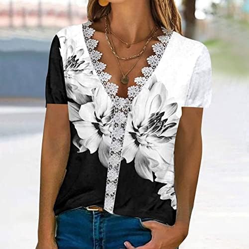 Majice s kratkim rukavima za ženske duboke v vratne čipke spandex cvjetni grafički opušteni fit salon vrhovi majice dame dx