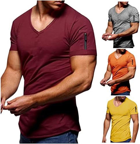 Muški ležerni mišićni vrhovi teretane, atletski solidni kratki rukavi okrugli vrat trening trčanja majice s bočnim džepom s patentnim