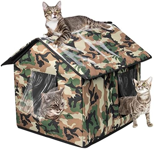Velika vanjska kućica za mačke, skloništa za mačke otporna na vremenske uvjete za zimu s vratima za nuždu i prizemnim kolcima, Kamuflažno