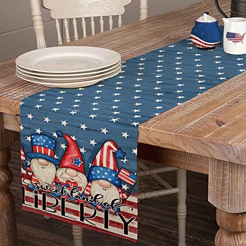 4. srpnja ukrasi stolovi trkači 13x72 inča Dan sjećanja američke zastave zvijezde i pruge Patriotske gnome Amerike Slatka zemlja slobode
