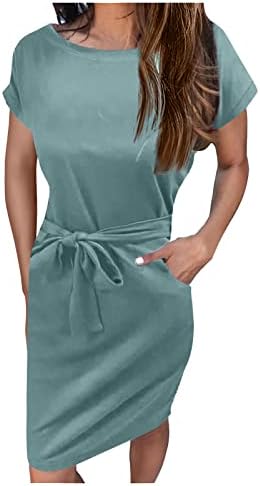 ZhenSanguo haljine za žene 2023 Solid Color Creveck Creveck Cratki rukav u džepnoj haljini