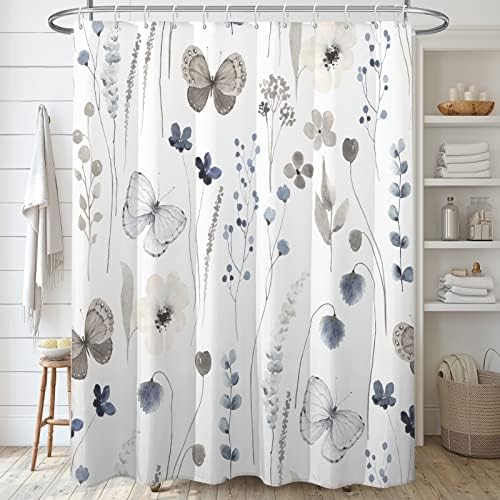 Dekorske zavjese za cvjetne tuševe za kupaonicu, akvarelni plavi i sivi cvjetovi Tuš zavjesa za tuširanje s 12 kuka, moderna minimalistička
