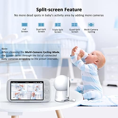 Video monitor za bebe s kamerom i zvukom, 5-inčni podijeljeni zaslon, Podrška za do 4 kamere, dvosmjerni audio, pan-tilt-zoom, baterija