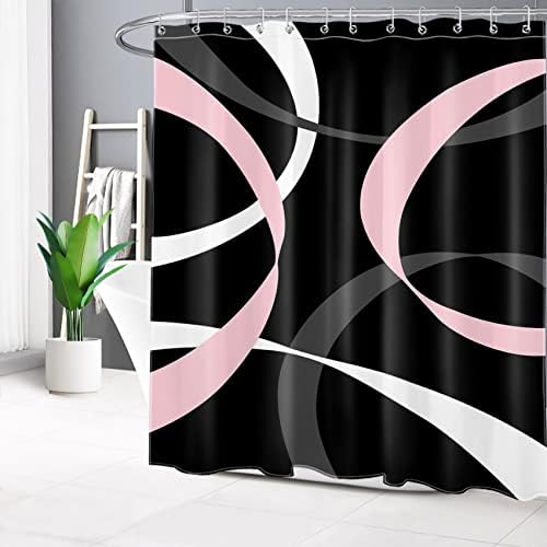 Lb Sažetak ružičaste zavjese za tuširanje za kupaonicu, siva i bijela prugana na crnoj pozadini tkanina zavjesa s kukama, moderni geometrijski
