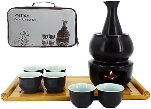 Keramički set za sake s grijačem + držač za čaše, pladanj od bambusa, keramička boca Saki za tople napitke, štednjak / zdjela za grijanje