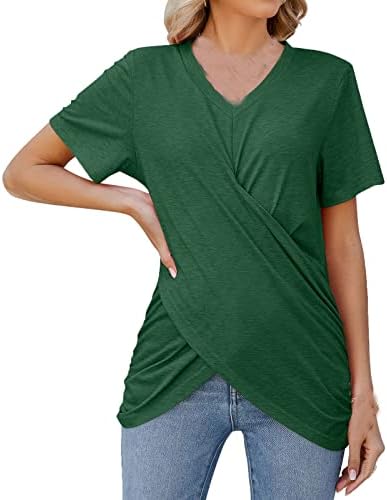 Qcemeni ljetne ženske majice ruched criss omotani vrhovi v vrata kratki rukavi košulja 2023 trendi casual sosul solid tanki fit bluza