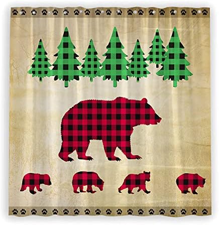 Obloge za tuširanje medvjeda Buffalo Provjerite medvjede lov na šumske šumske borove stabla sažetak rustikalna seoska kuća životinja