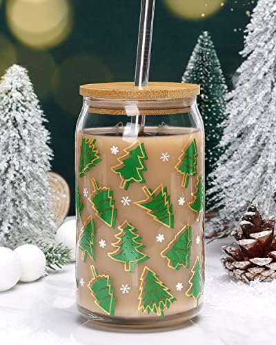 Božićna šalica od bambusa s poklopcem od bambusa i metalnom slamkom 16 oz božićno drvce limenka za pivo staklene ledene šalice za kavu