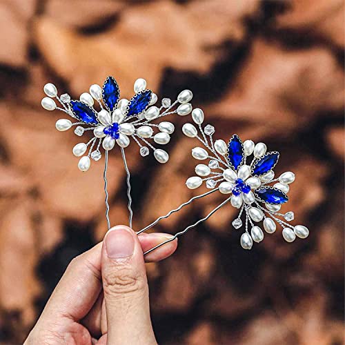 Nevjesta cvijet biserne kopče za kosu,2pcs srebrno plavi kristal vjenčani pribor za kosu cvijet rhinestone ukosnice za kosu plavi rhinestone