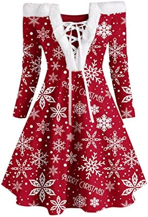 Božićna haljina dugih rukava za žene Djed Mraz Claus Velvet v Neck Criss Cross haljine seksi od ramena mini haljina