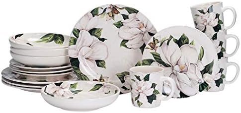 BICO Magnolia Cvjetna keramika 16 PCS set za večeru, usluga za 4, uključujući tanjure za večeru od 11 inča, tanjure za salatu od 8,75