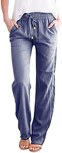 Etkia pamučne lanene hlače Žene s pravim nogom visokog struka hlača od pamučnog platna hlača s džepovima djevojke