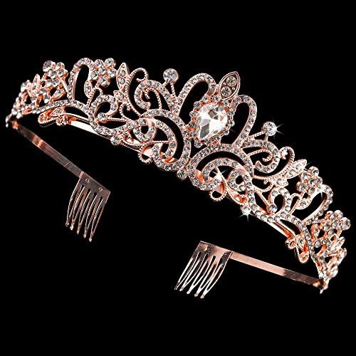 Krunice od ružičastog zlata s kristalnom tijarom za žene djevojke elegantna princeza kruna s rhinestones s češljem vjenčane trake za