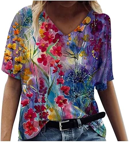NOKMOPO Ljetne košulje za žene retro print geometrijski print V-izrez majice s kratkim rukavima gornje bluze
