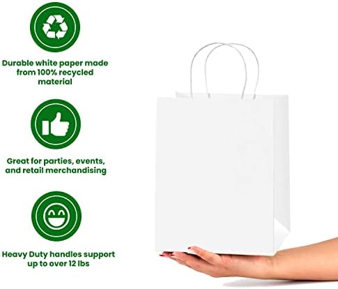 Poklon vrećice od bijelog kraft papira s ručkama, 10,5 in 8 in 4,5, savršene za kupovinu, maloprodaju, mala poduzeća, blagdanske poklon