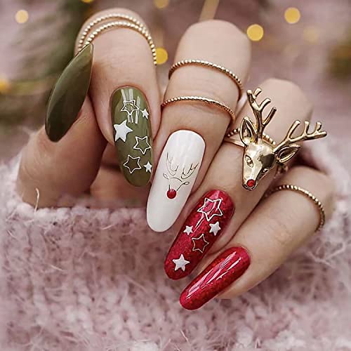 Božićni tisak na kantama bademi lažni nokti srednje veličine zeleni crveni akrilni nokti s potpunim pokrivanjem i dizajnom jelenske