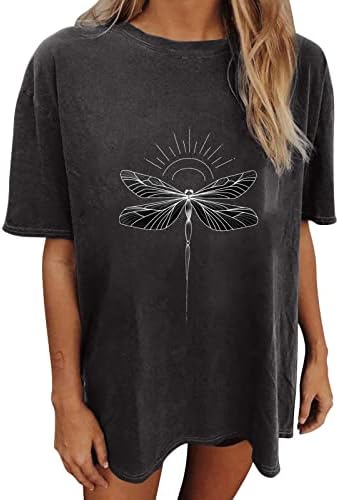 Ljetne ženske vrhove Y2K, casual Dragonfly tiskana majica s kratkim rukavima, djevojke predimenzionirane labave fit okrugli vrat elastične