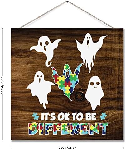 Halloween autizam Boo Ghost Wooden Sign Sign Svijest o svjesnosti zagonetka Komad Autistična podrška Ukrasna ploča Objektiva zidna