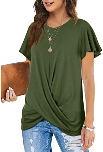 Ženska casual Twist prednja majica Čvrsta boja plus size posada kratak rukavi Ljetni majica majice vrhovi labave bluze