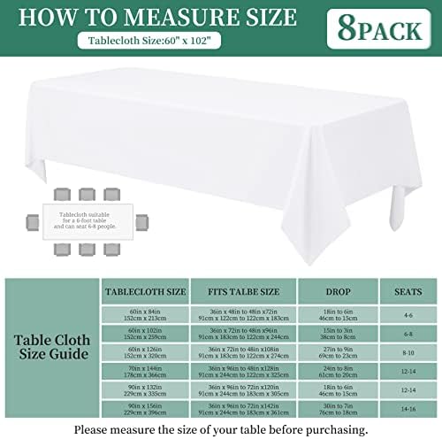 8 pakiranja pravokutnog stolnjaka od bijelog poliestera od 60 inča 102 inča za stolove od 6 stopa, periva tkanina otporna na mrlje