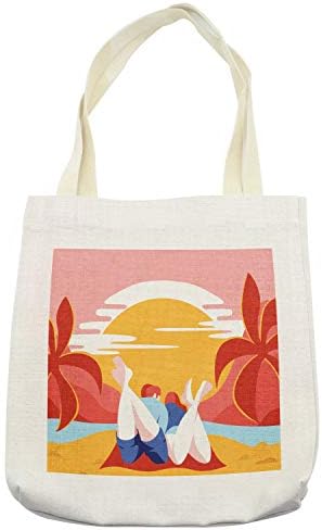 Ambsonne torba za plažu, šarena ljetna romansa crtana slika mladog para na pijesku s palmama oceana, platna platna za višekratnu upotrebu