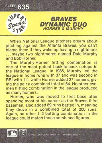 1986. Fleer Baseball 635 Duo Bob Horner/Dale Murphy Atlanta Braves Braves Dinamični službeni MLB trgovačka kartica