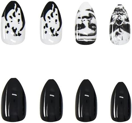 Komplet za nokte 24 kom gotička crno-bijela preša na noktima / preša u obliku badema na noktima / lice s vriskom užasa / goth emo nokti
