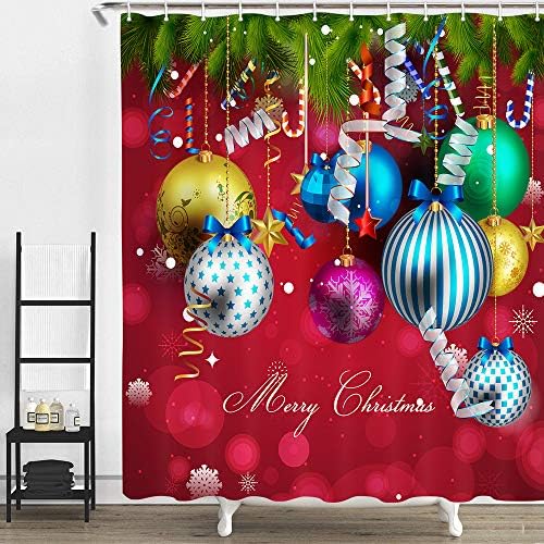 Tomoz zavjesa za božićnu tuš, grane božićnog drvca sa šarenim vrpcama, poliesterske tkanine zavjese za tuširanje za dekor kupaonice,