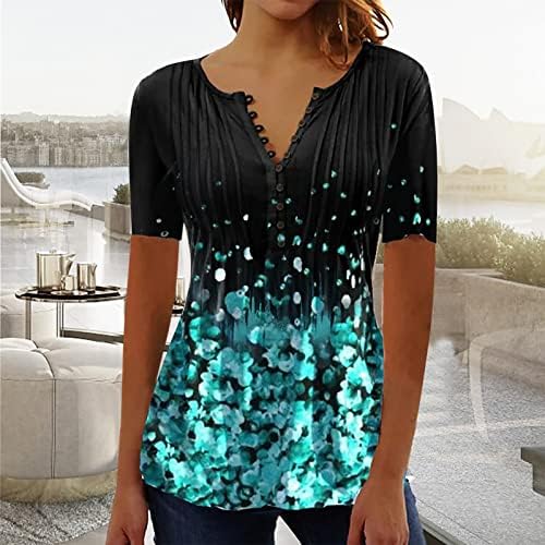 Košulje kratkih rukava za žene 2023 Ljetni vrhovi cvjetni tiskani labavi henley thirt v vrat gumb top casual bluze