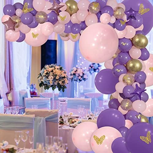 136PCS ružičasto-ljubičasti set vijenaca od balona s naljepnicama leptira balon od folije ljubičasto-Zlatni luk leptira za tuširanje