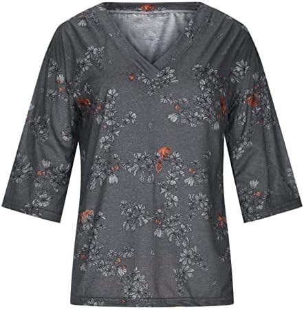 Ženski ljetni plus vrhovi, dame 3/4 majica s rukavima V vrat, cvjetni print labave ležerne bluze za žene