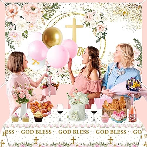 Ukrasi za krštenje djevojčica, ukrasi za zabave Bog blagoslovio, cvjetni natpis Bog blagoslovio pozadinu, vijenac od balona od ružičastog