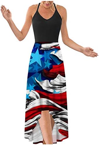 4. srpnja Maksi haljina za žene, ljetna ležerna boho haljina sa zastavom SAD-a, Okrugli vrat, naramenice, bez rukava, sarafani sa zvjezdanim