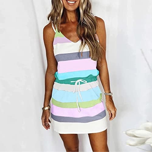 Žene 2023. Ljetna haljina bez rukava V vrat prugasti print Sundresses labava ležerna mini haljina na plaži s crtanjem s crtanjem