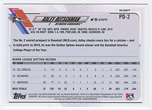 2021 Topps Pro Debi PD-2 Adley Rutschman Delmarva Shorebirds RC Rookie Baseball Trading Card