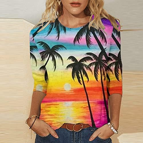 Košulje za žene trendi 3/4 rukav posade na vratu grafički pejzažni tisak majica Summer casual labave bluze za tinejdžere