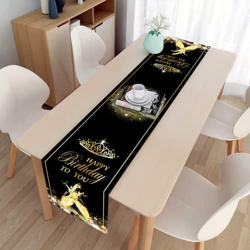 Sretan rođendanski stol trkač crna i zlatna uzorka stol trkač 13,8 x 70,6 RECTUNKLE TRUNER za unutarnji vanjski dom za rođendan i dekor