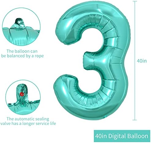Toniful 40 -inčni veliki teal plavi brojevi baloni, divovski jumbo helium folija mylar veliki tirkizni broj 3 digitalni tri baloni