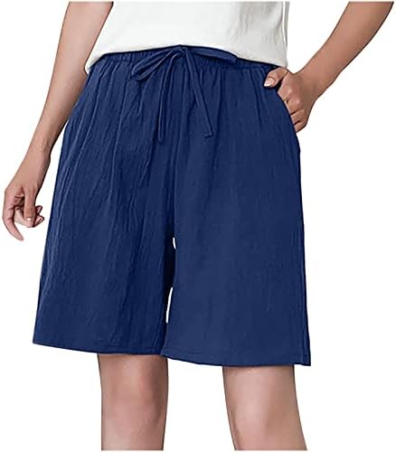 Ženske kratke hlače dužine koljena s džepovima Ljetni labavi fit struc struka široke noge kratke hlače udobne pamučne lanene bermude