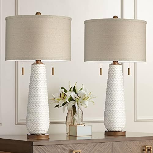 Moderne stolne svjetiljke iz sredine stoljeća visoke 32 3/4 inča, set od 2 bijele teksturirane keramičke svjetiljke u tamno sivoj boji,