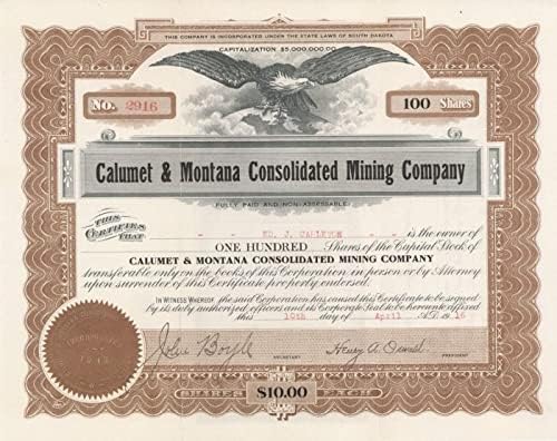 Calumet and Montana Consolidated Mining Co. - Potvrda o razmjeni
