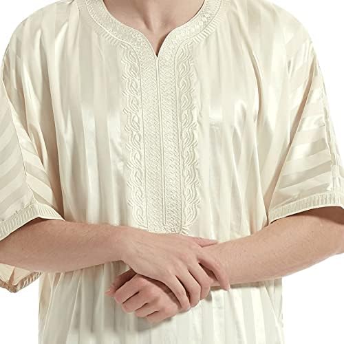 Muška haljina košulja, muški casual muslimanski arapski ogrtač na pruge srednjeg rukava s vezom