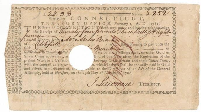 Potvrda plaćena zlatom ili srebrom - obveznice Revolucionarnog rata u Connecticutu