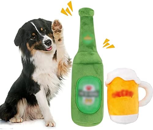 KSNOW Dog Squaky igračke, 2 pakiranja boca piva Izdržljive zube čišćenje štenaca za žvakanje igračke za žvakanje, interaktivne igračke