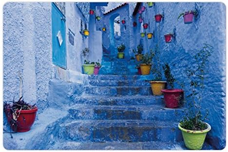 Prostirka za kućne ljubimce za hranu i vodu, ulica sa šarenim loncima za cvijeće u gradu Chefchaouen u Maroku, turističko selo, pravokutna