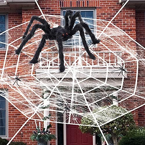 Halloween Giant 12 ft okrugli pauk Web s velikim crnim dlakavim paukom od 2,5 ft i super rastezljivim kabinama Halloween unutarnji